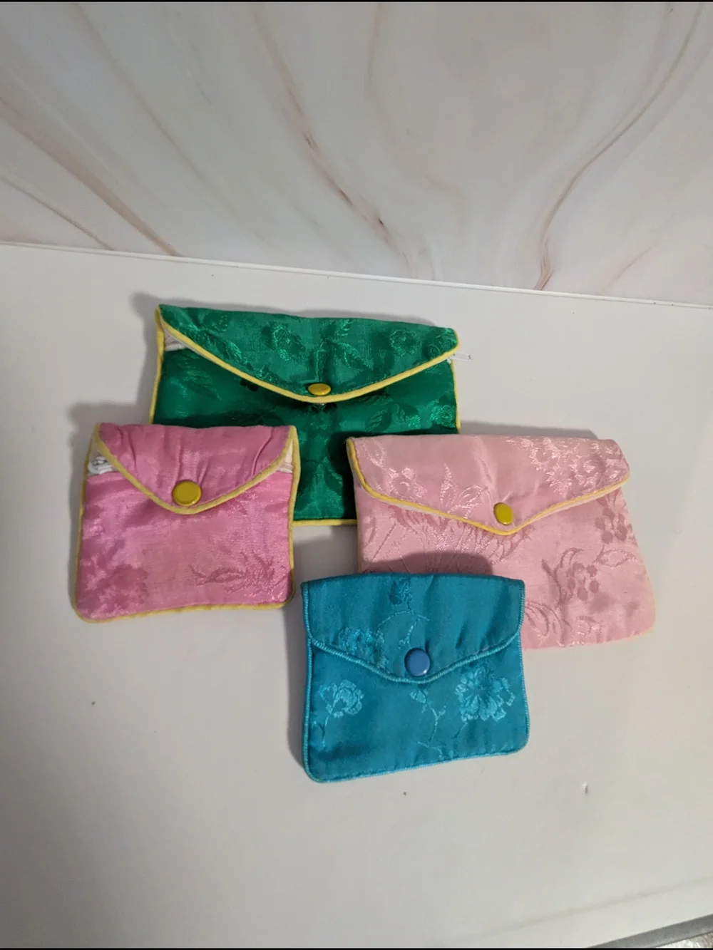 Silk Jacquard Multi-Color Zip & Snap Pouch Set - Pink, Green, Turquoise